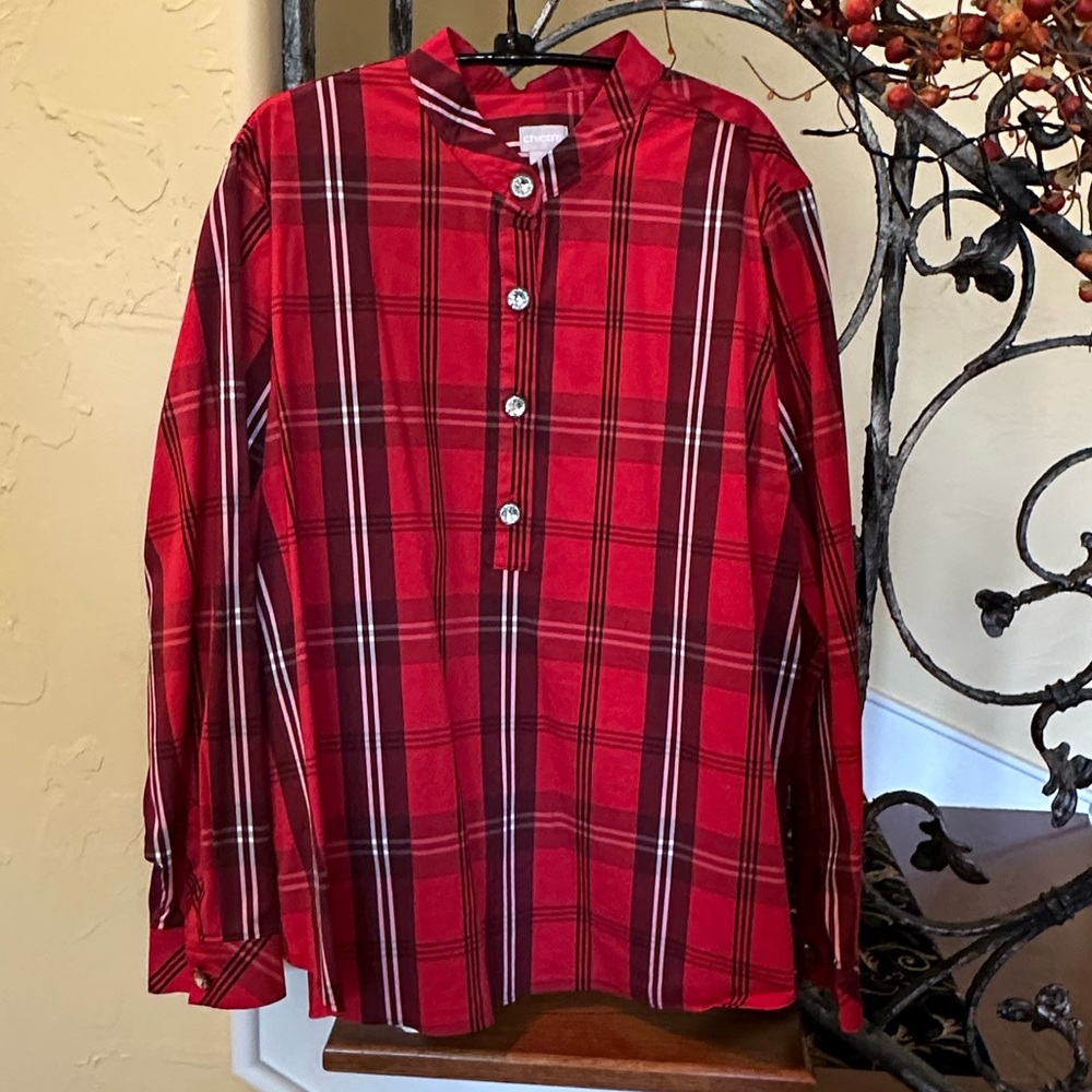 Chico’s Red Plaid Top with Crystal Buttons